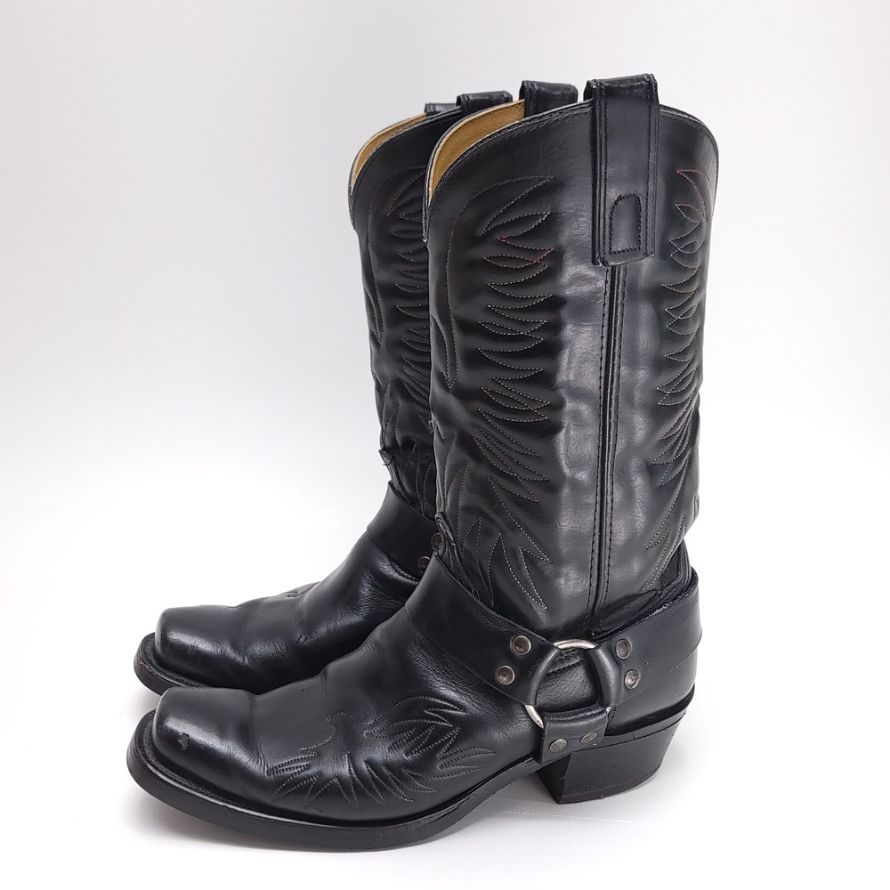 Sheplers Mens Vintage Black Leather Eagle Stitched Harness Boots 9 EE‎ Cowboy